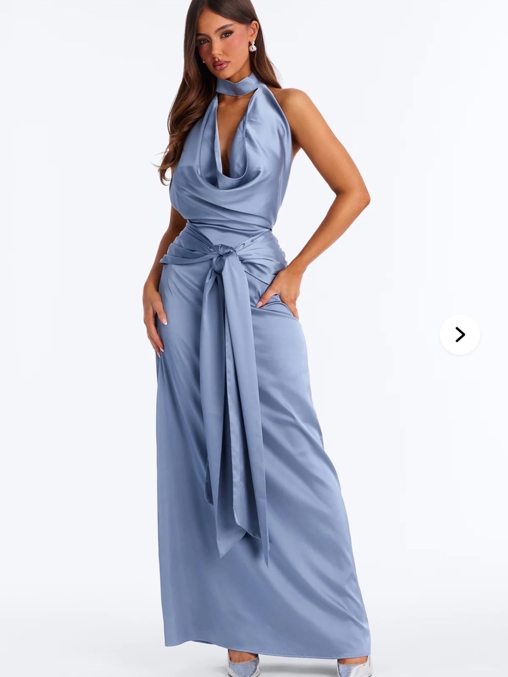 Elegant Blue Satin Halter Maxi Dress with Waist Tie